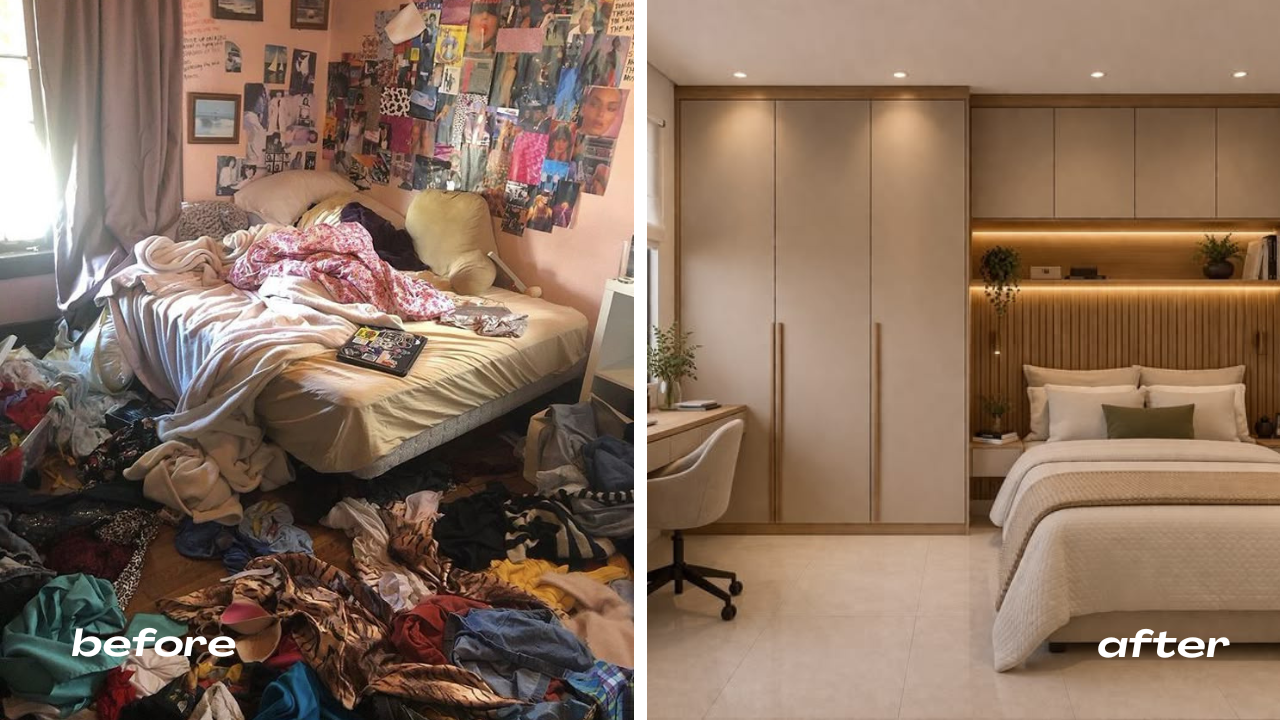 A cluttered, cramped small bedroom before, next to the same room after a Shree Vaidehi redesign with a ceiling-height wardrobe, layered lighting, and a calm colour palette