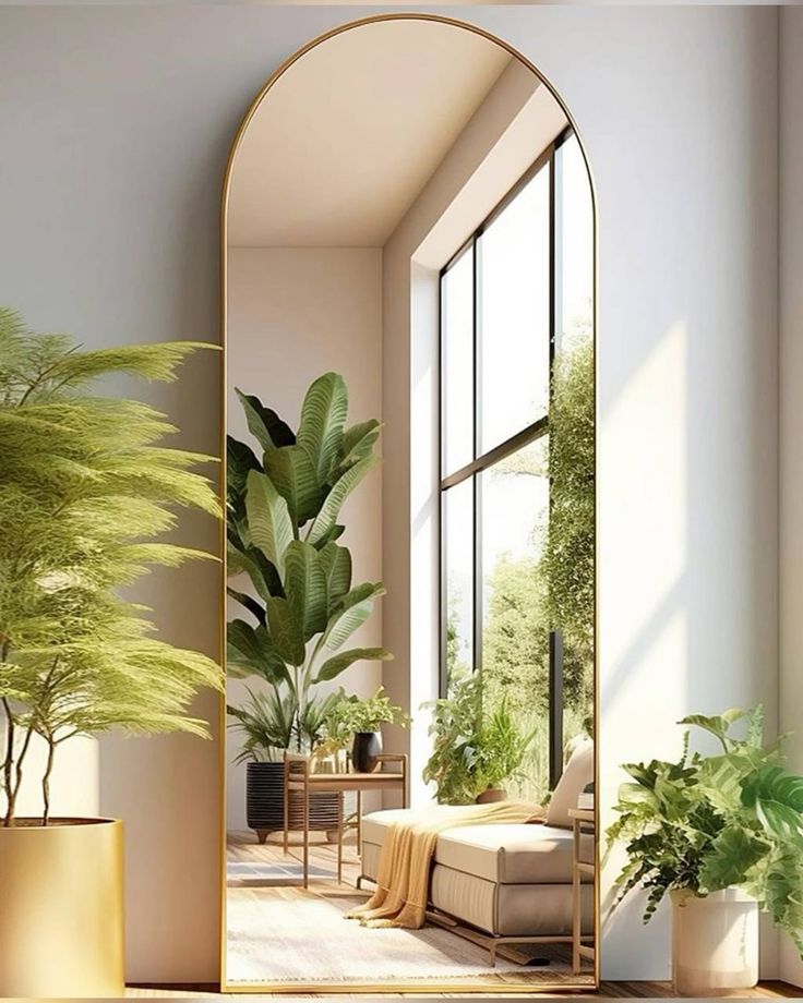 A mirror placed opposite a window to bounce daylight deeper into a small bedroom