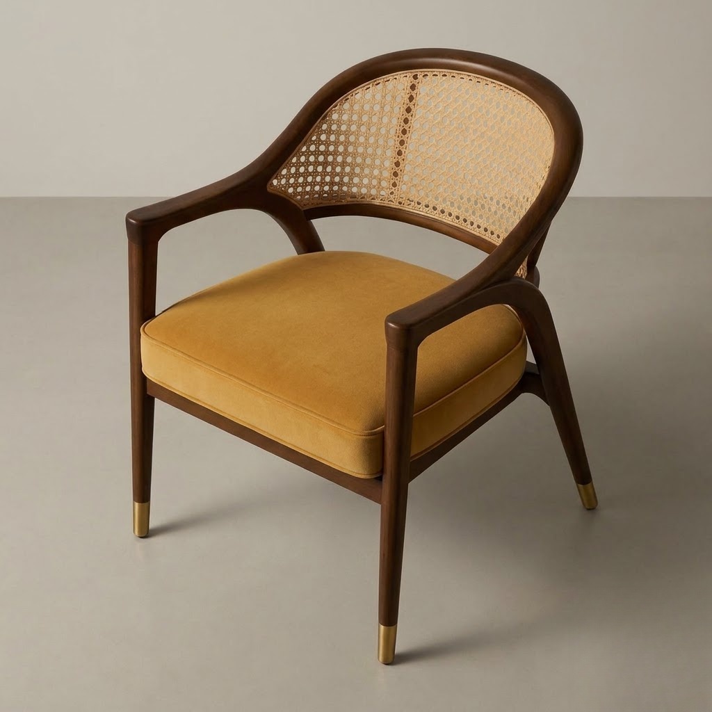Baahu cane armchair design render: curved cane back with sweeping wooden arms and a cushioned seat on tapered legs
