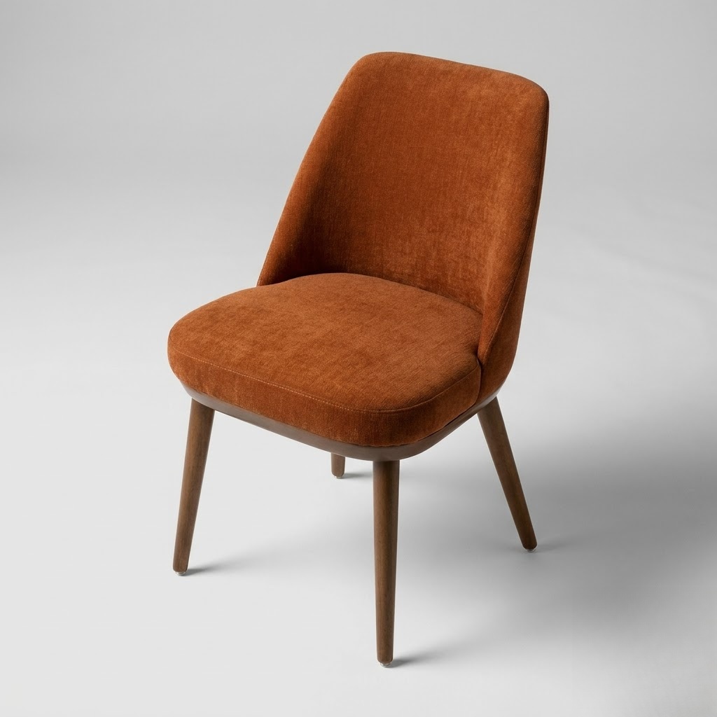 Crista dining chair design render: tall upholstered back with a rounded crest, upholstered seat and tapered wooden legs