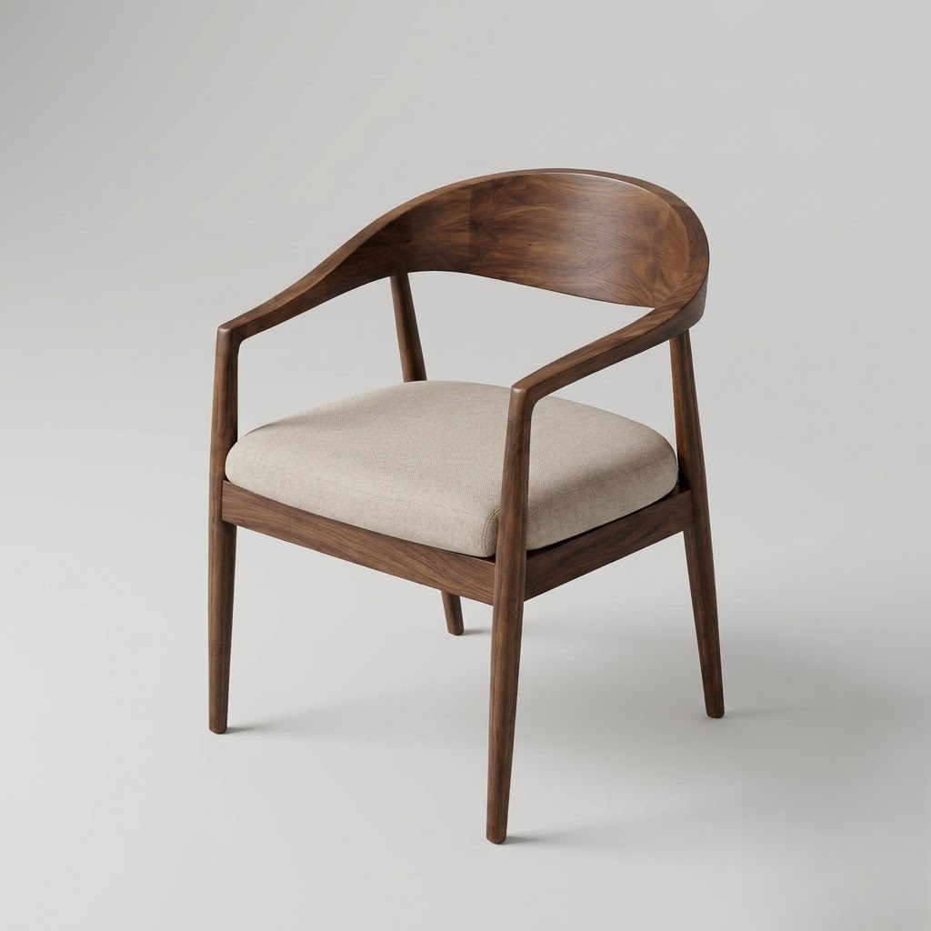 Naal armchair design render: one sweeping wooden horseshoe forming the back and arms around a cushioned seat on tapered legs