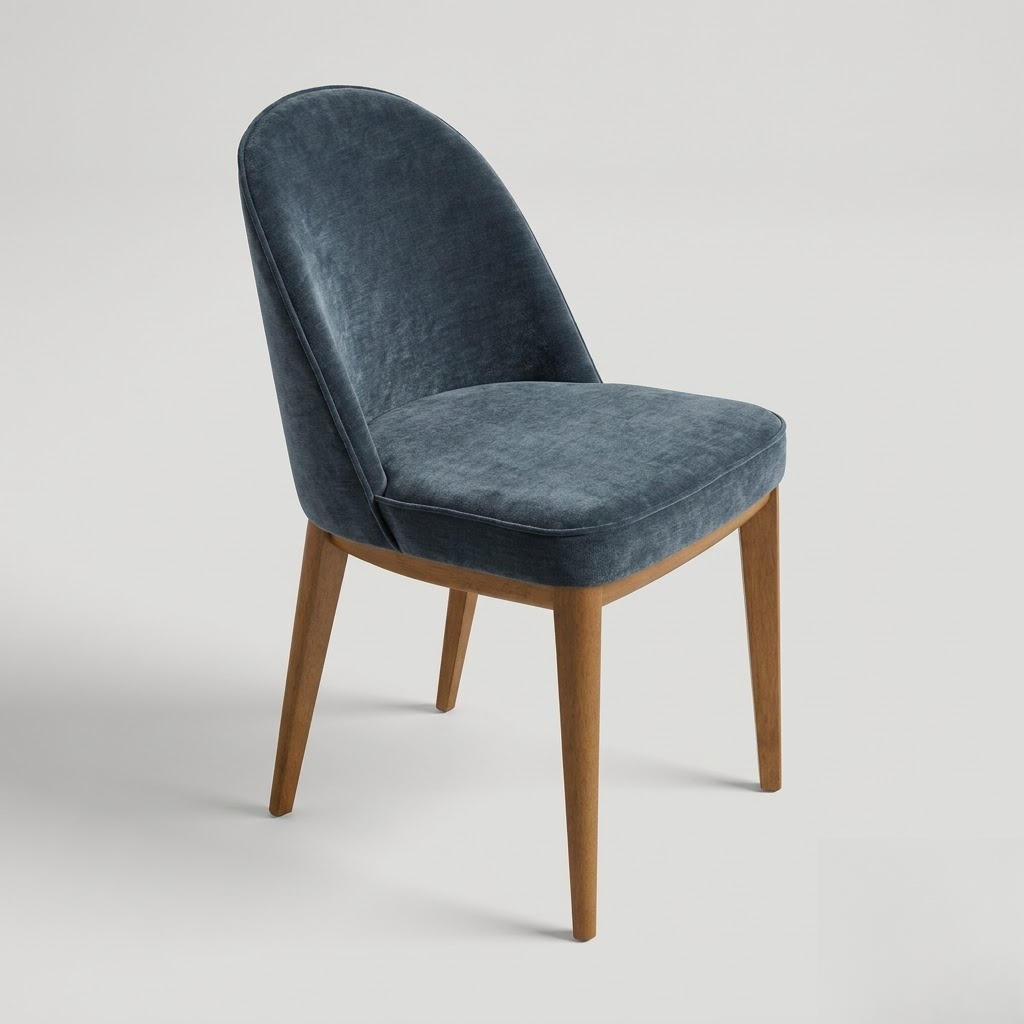 Nido dining chair design render: scooped cocoon-shaped upholstered back and seat with piped edges on tapered wooden legs