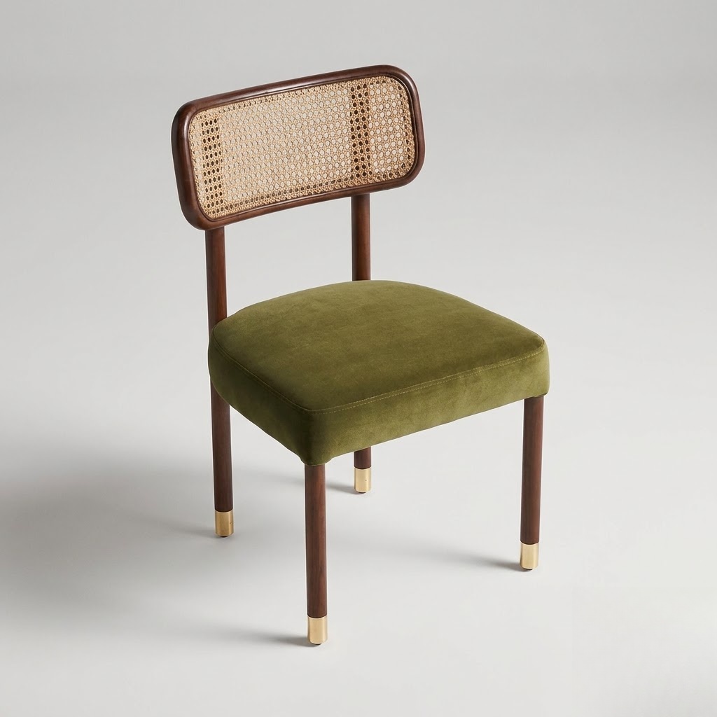 Takh dining chair design render: woven cane back panel in a rounded wooden frame above a padded seat on round legs
