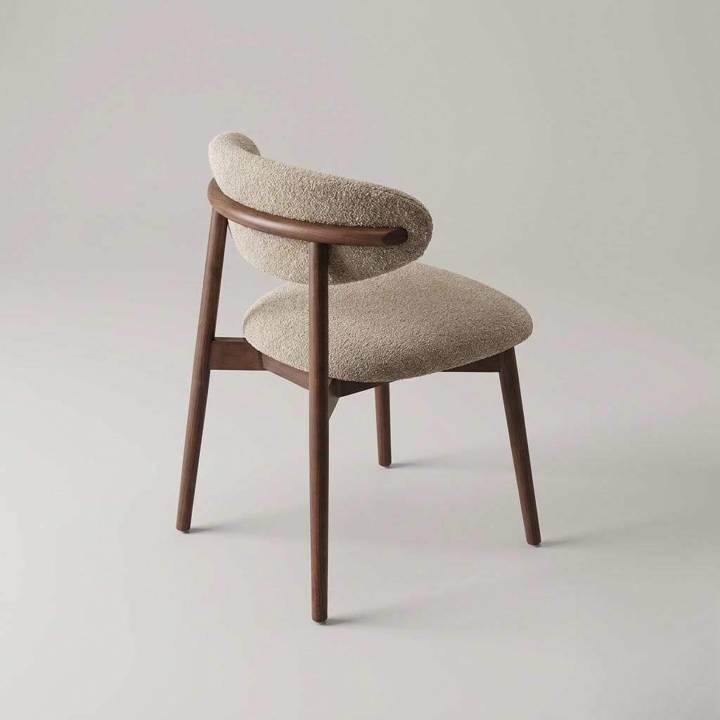 Valay dining chair design render: soft oval upholstered back with a curved wooden rail, rounded seat and tapered wooden legs