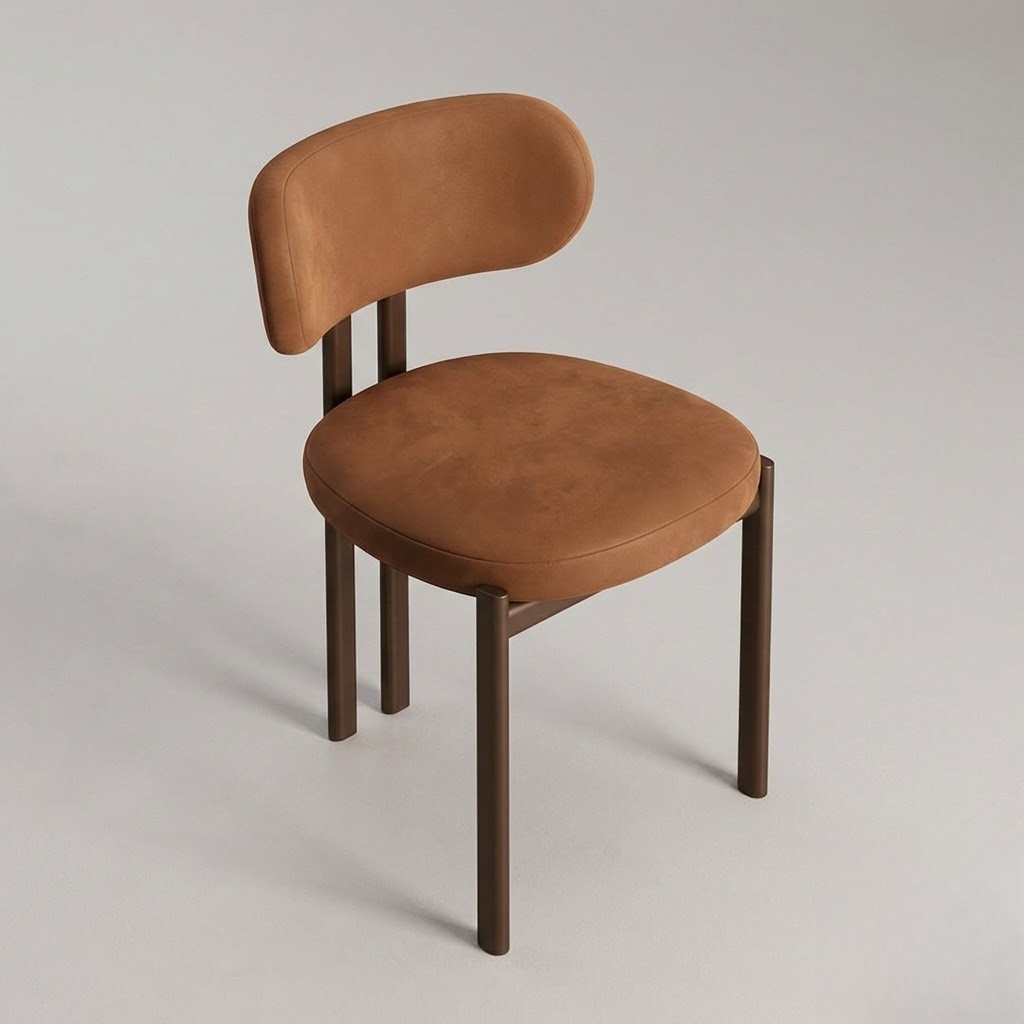 Yugma dining chair design render: rounded upholstered back pad on two slim rods, soft rounded seat and slim round legs